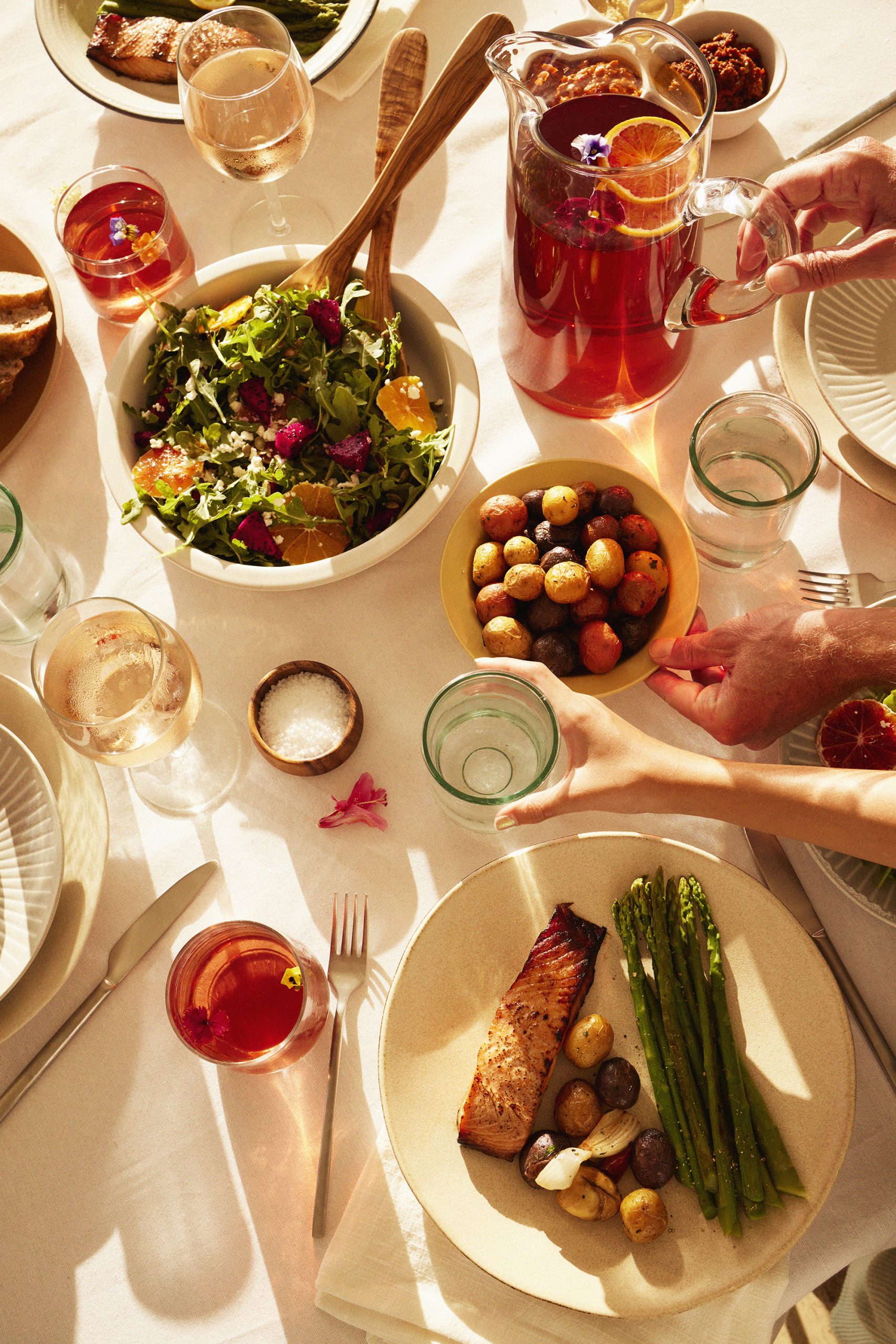 Food and beverages served on dining table