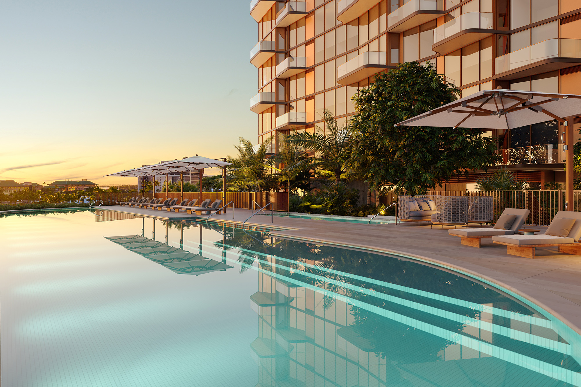 Swimming pool and sun deck amenity at dusk