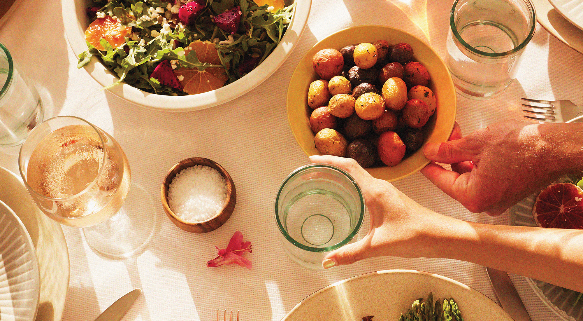 Food and beverages on dining table